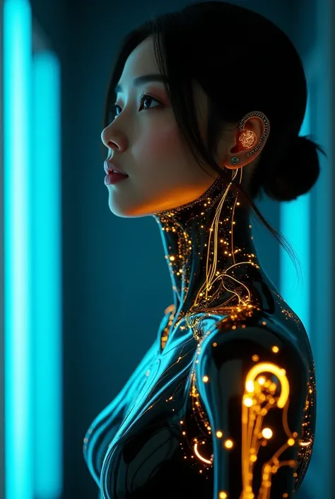 Cinematic hyper-realistic close-up of a female Korean android with glowing golden circuitry embedded into her dark, shiny skin. The figure is in a sideways pose, leaning slightly forward, exuding elegance and confidence. Her hair is sleek and pulled back, ...