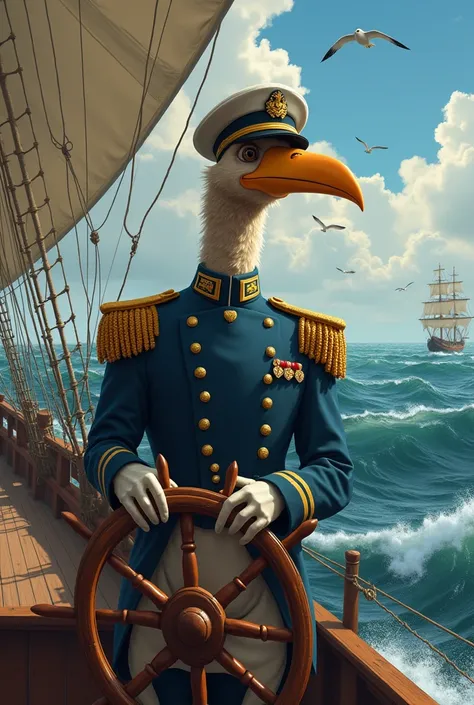 Generate me a bird with testicles driving a ship in marine uniform in the sea 