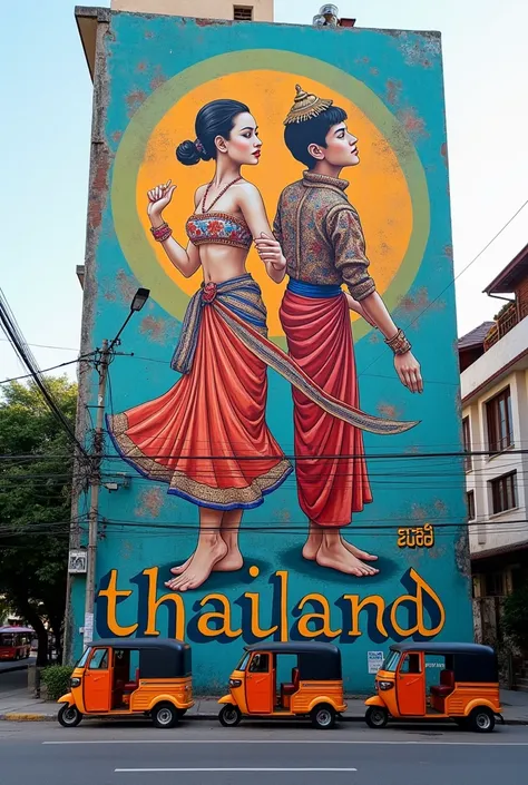 A photo of a massive vertical wall in the suburbs of a bustling Thai metropolis, covered in vibrant graffiti. The artwork is inspired by Dondi White and features a young woman in traditional Thai dress with a chada, dancing gracefully alongside a male Khon...