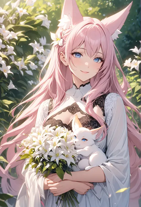 (  Masterpiece  ), ( top quality),  super high resolution,  sharp concentration, Gentle pastel tones,  upper body,  medium close-up , (( One Mature Woman , Baby kitsune，Alone)),  very attractive and gorgeous adult woman holding a bouquet of flowers,  beaut...