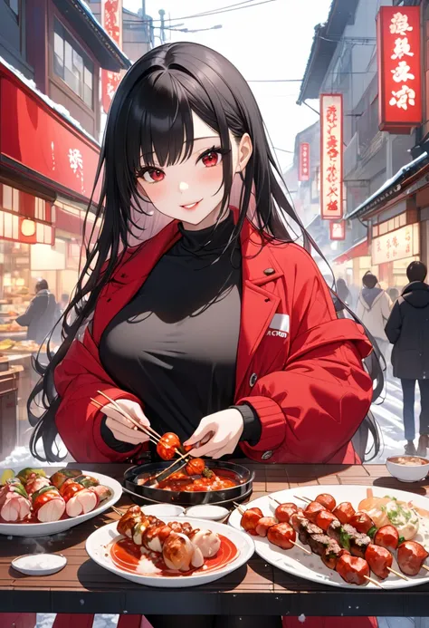 (beautiful and delicate) (Spectacular views illustration), in a inner is black shirt, Outerwear is red Elegant jacket, underwear is long white denim, (hand holding a Delicious skewers with steam:1.2), (Eating deliciously), break, ((Eating out style)), (sol...