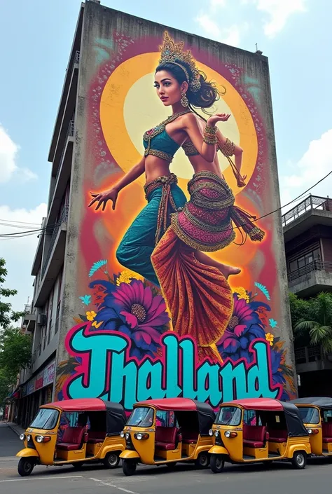 A photo of a massive vertical wall in the suburbs of a bustling Thai metropolis, covered in vibrant graffiti. The artwork is inspired by Dondi White and features a young woman in traditional Thai dress with a chada, dancing gracefully alongside a male Khon...