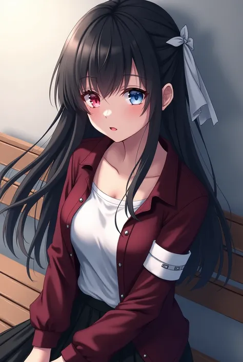 Anime girl blue and red eyes long black hair, with white hair clip, wearing unbuttoned dark red shirt and white t-shirt underneath and wearing black skirt sitting on the bench and white hair ribbon white armband on right sleeve