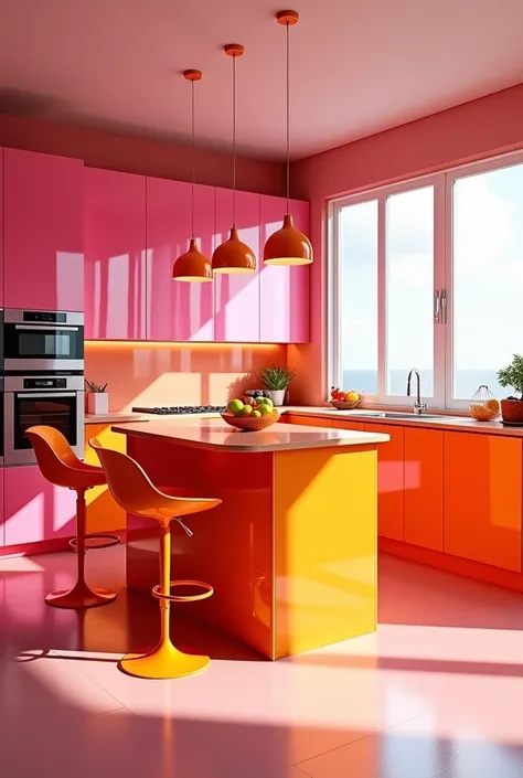 "Create a vibrant, modern kitchen positioned in the center of the frame. The design features a bold combination of bright pink and orange colors. The walls and cabinetry are painted in glossy pink, reflecting light and adding a sleek, contemporary look. An...