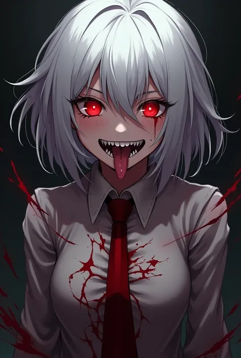 Sadistic anime girl, with the mouth open, tongue out, scar on eye, bright red eyes and white hair, with sword stuck in his chest