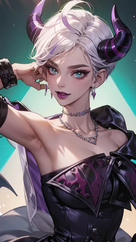 8k, masterpiece, best quality, highly detailed, 1 girl, devil, demon horns, warlock, pixie cut, white hair, multicolored hair, very short straight hair, red highlight hair on white hair, stippled hair, wearing glasses, round glasses, earrings, red eyeshado...