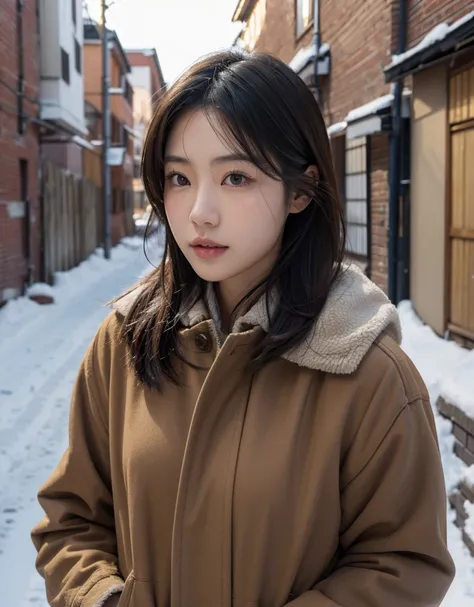 photorealistic、realistic skin texture、A beautiful Japanese woman belonging to the American military is in a city of winter rubble.、alley、old brick building、I&#39;m on guard、Backpack、tactical puffer jacket、baseball cap、automatic rifle、bulletproof ves snowin...