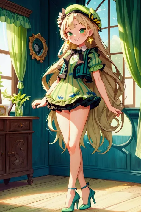 (masterpiece, best quality) 1 girl(Landscape: standing, indoor, intricate detail, sunlight) (Outfit: black and green frilly striped dress, blue vest,  high heels, earrings, beret) (Body: white blonde long hair, green eyes, teen gorgeous body, gorgeous legs...