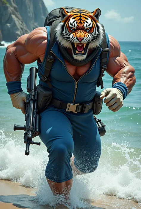 (A rugged beefy very muscular bulky old man), (wearing blue zipper wetsuit), (wearing realistic roaring tiger mask), running, shooting with rifle,  wearing bulky scuba gear, muscular physique, toned muscles, fierce, heroic, action, comic artstyle, bulky be...