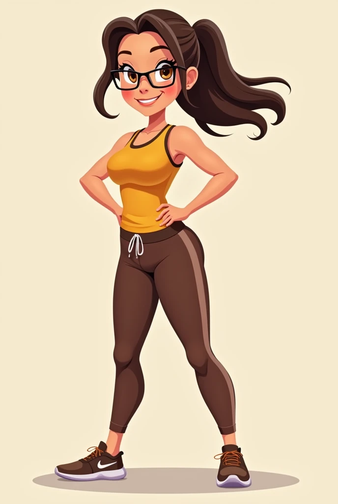  Female sports teacher dressed in pans, brown with brown eye , Chongo with hairstyle and lenses in cartoon  