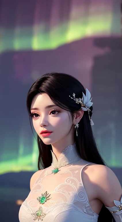 1 beautiful girl wearing ancient costumes, ((pink and light white outfit: 0.8)), Long and silky black hair, hair jewelry and necklaces, Beautiful little face Thin eyebrows, the most beautiful and spotless face, the very beautiful eyes, big round black eyes...