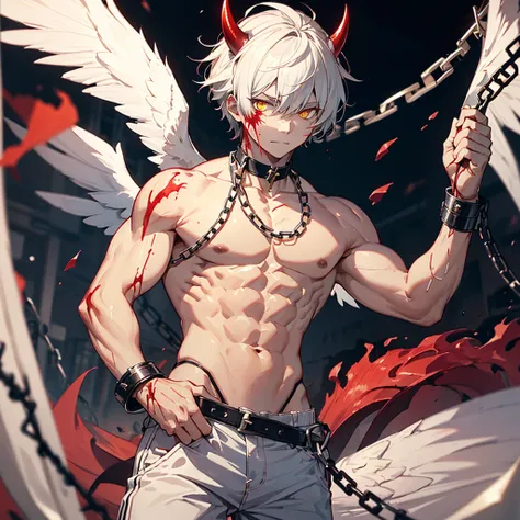 The devil with red skin all over the body 1.7、solo1.5、 Muscular Man with Chains and Shackles 、 Wears White Saruel Pants with No Weapons 、 Looks like an Angel with Red Skin and Yellow Eyes、disaster々Shiny Dark Bullet 1 .7、short white hair 1.7