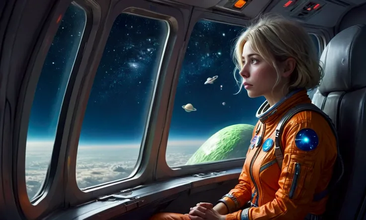 A cute woman (age 25, sad, lonely, space explorer outfit), she is looking out the window sadly on a commuter rocket full of slime alien passengers. Lonely commuter flight through the stars
