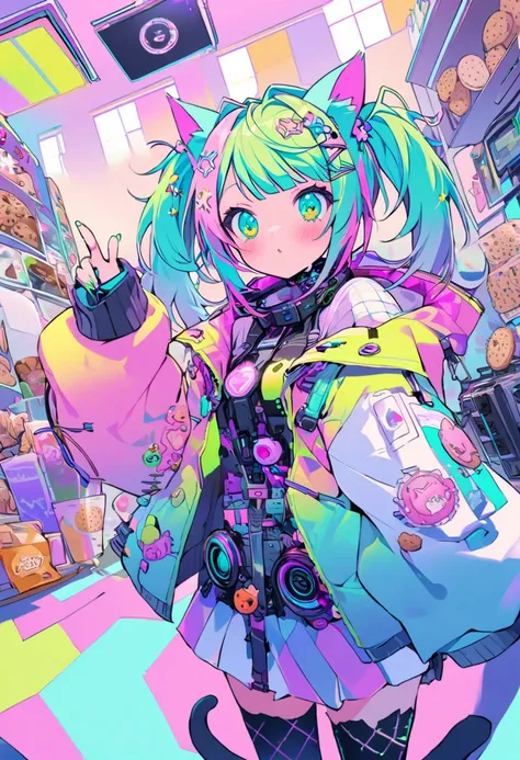  one girl, Decora,     dynamic angle, Breathtaking, the above, distance law  ,    Funny article factory pattern oversized jacket　,  Cat ears , Bluegreencolor shorthair,  Cybergoth-inspi   , cutetech,     ,Biscuits     , pastel colors    , cute, cute色, SF ,...