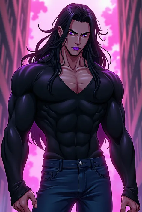 a tall man, 24 years old, very long and straight black hair , effeminate face,  muscular body ,  wears a tight black top and jeans , , her lips are painted purple and have long eyelashes,  anime style,  Jojos bizarre adventure style 