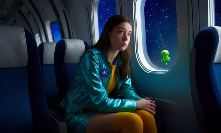 A cute woman (age 25, sad, lonely, space explorer outfit), she is looking out the window sadly on a commuter rocket full of slime alien passengers. Lonely commuter flight through the stars
