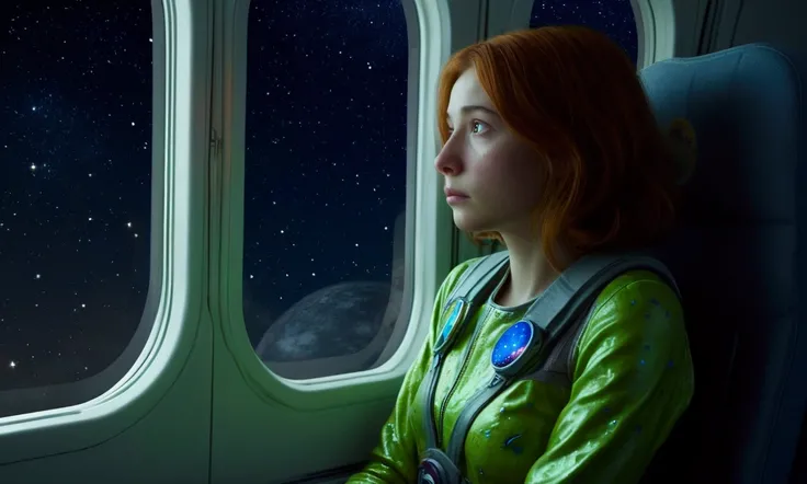 A cute woman (age 25, sad, lonely, space explorer outfit), she is looking out the window sadly on a commuter rocket full of slime alien passengers. Lonely commuter flight through the stars
