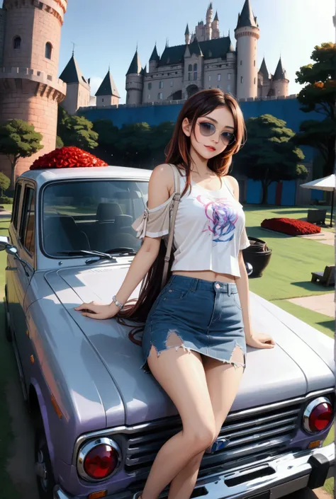 pretty woman, smiling,  posing on car, park, castle, (+forehead, long straight hair, sunglasses, black hair, chestnut-brown streaked hair, lavender-purple streaked hair, chestnut-brown ombre, multicolored hair),  light-beige sloping sleeves t-shirt (+slit ...