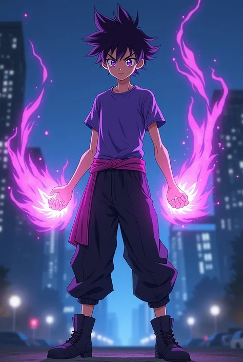 A very tall teenage boy with short spiky violet hair, piercing violet eyes with flowing lightly glowing violet pupils, thin fit male build, dressed in a violet t-shirt, black loose pants with a violet bandage-belt, black boots, serious atmosphere and expre...