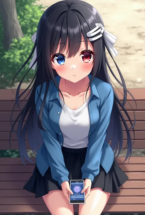 Anime girl blue and red eyes long black hair, with white hair clip, wearing unbuttoned blue shirt and white t-shirt underneath and wearing black skirt sitting on the bench and white hair ribbon Holding a phone