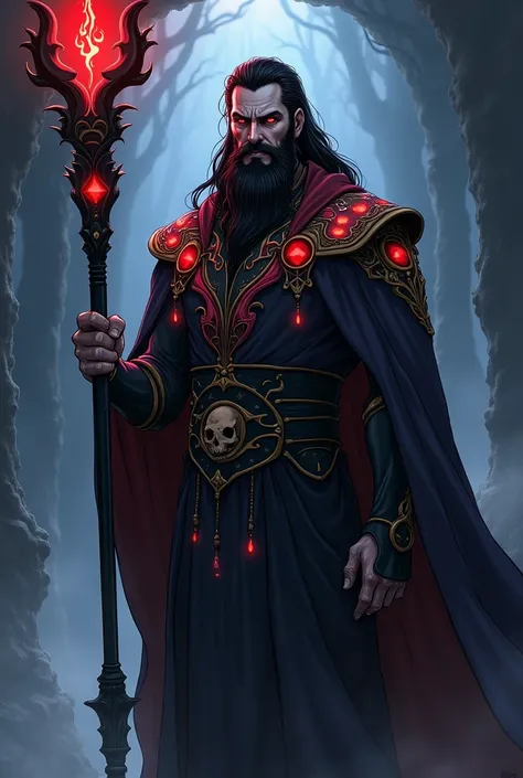 "An anime-style full-body portrait of Hades, the Greek god of the underworld, depicted from head to toe. He has a well-groomed, dark beard and the mature face of a middle-aged man, appearing around 40-50 years old. His expression is sinister and commanding...