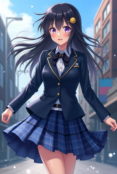 morning scene,full body,street,strong wind,wind blow,skirt blow,upskirt,black panty,sakurajima mai, seishun bota yarou, long hair, black hair, hair ornament, purple eyes,school uniform,blazer,brown jacket,black bowtie,black bow,long sleeves,shirt,blue skir...