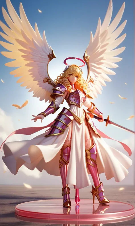  one girl,  Valkyrie , Angel knight in white dress and silver armor, Shiny Armor,  High Gloss Armor , Reflective Metal Armor,  has a sword, (length_sword), pink length curly hair,  yellow eyes, Wings, White clothes,  Complete