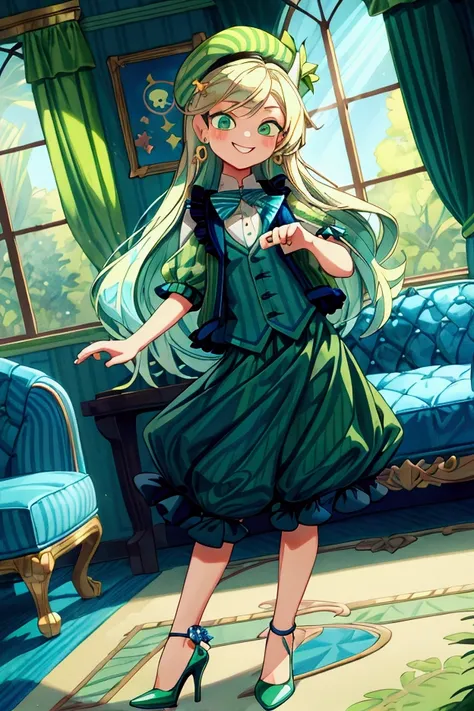 (masterpiece, best quality) 1 boy (Landscape: standing, indoor, intricate detail, sunlight) (Outfit: black and green frilly striped dress, blue vest,  high heels, earrings, blue beret) (Body: white blonde long hair, green eyes) (Expressions: smiley face, s...