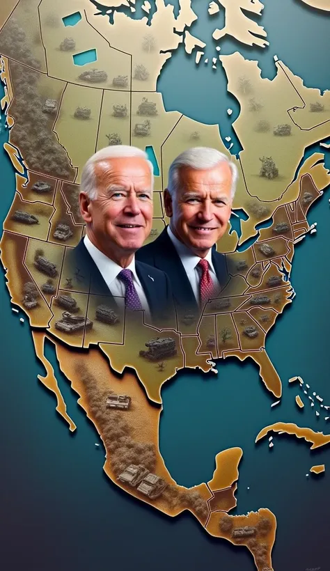 An AI generated Map of USA, then add the image of Joe Biden while paron his son hunter Biden, in proper visible face , background should be War like 