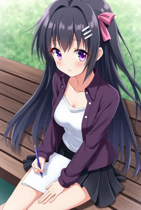 Anime girl purple eyes long black hair, with white hair clip, wearing unbuttoned dark purple shirt and white t-shirt underneath and wearing black skirt sitting on the bench and pink hair ribbon Holding a pen and paper