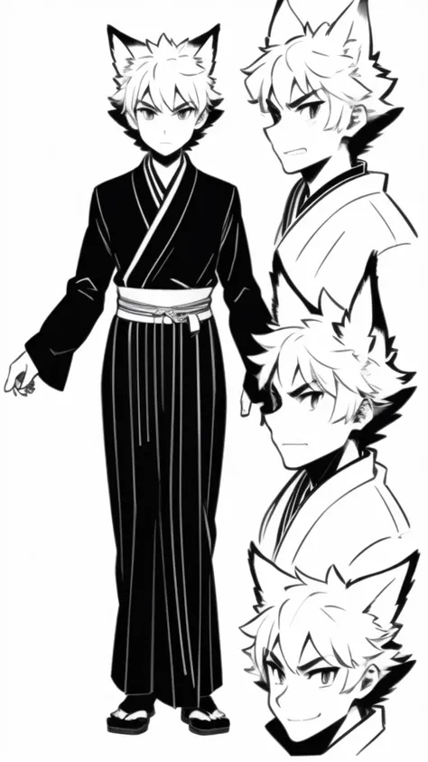 (( no background ))、（solo,The Boy with the Wolf Ears model sheet, Im drawing a character in an oriental costume from a front, back, left, right, left, right angle),