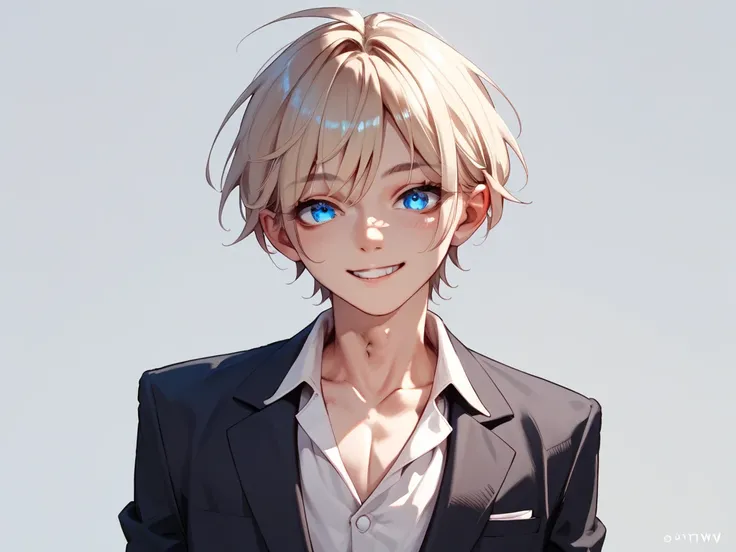 NSFW、Androgynous youth、 Wearing a Suit、From the chest up、 has a provocative smile 、Anime Enhancement、 blue eyes
