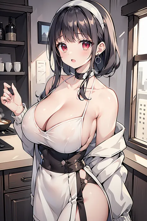 masterpiece, yor, 1girl, Amazing Cleavage:1.3, thin waist, big ass, Raised sexy, medium breast: 1.8 posed cleavage:1.2、solo, looking at viewer, open mouth, have a cup of coffee,black hair, red eyes, dress, bare shoulders, jewelry, collarbone, sidelocks, ha...