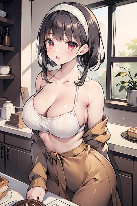 masterpiece, yor, 1girl, Amazing Cleavage:1.3, thin waist, big ass, Raised sexy, medium breast: 1.8 posed cleavage:1.2、solo, looking at viewer, open mouth, have a cup of coffee,black hair, red eyes, dress, bare shoulders, jewelry, collarbone, sidelocks, ha...