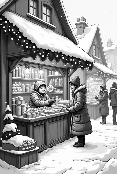 MAKE ME A SKETCH OF A CHRISTMAS MARKET STORE IN BLACK AND WHITE 