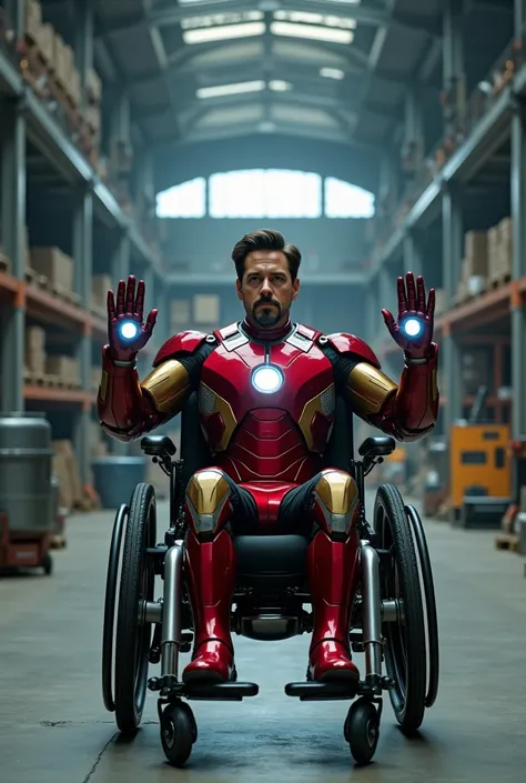 robert downey is ironman movie acter. He sitting in a wheelchair, is showing action with hands back ground inside godown elon musk
