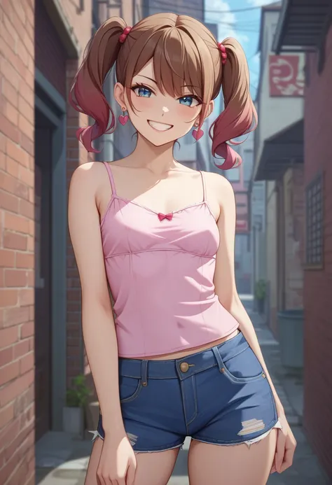 (8K、Highest image quality、highest quality、masterpiece)、detailed face、((((two :2))))、brown hair、medium hair、brown eyes、evil smile、((grin))、earrings、((small breasts))、((pink camisole))、((denim short shorts))、cowboy shot、black hair、twintails、light blue eyes、e...