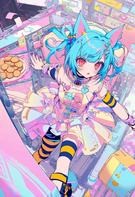   one girl, Decora,      dynamic angle, Breathtaking, the above, Distance method   ,    omoshirokijijojyo letter dress,  cat ears ,  blue short hair ,   cybergoth style    , cutetech,     ,Biscuits     ,  pastel color     , cute, cute色, SF , cute,   color ...