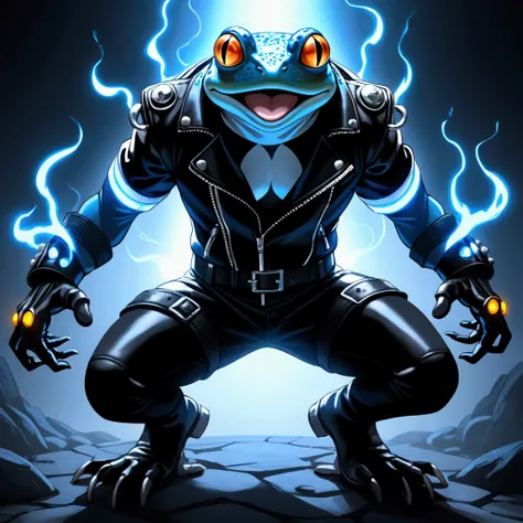 Closeup, An extremely badass anthropomorphic light blue and white bullfrog, glowing with an aura of intimidation, wearing an insanely cool black leather biker jacket open, black shirt, black leather biker gloves, black leather biker pants, finds itself ass...