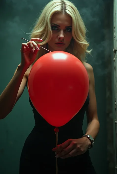 A sexy blonde, wants to pop ballon with a needle, scary, wants to scare others with an explosion