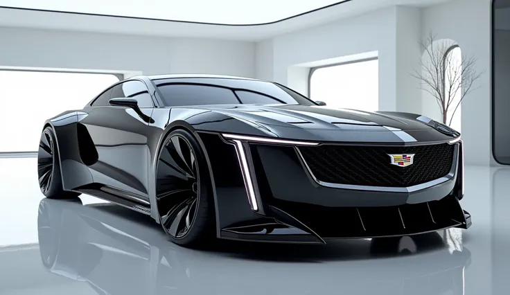 Create an ultra-realistic image of the 2025 Cadillac coupe DeVille car from the left side views. The car has a large, imposing, and aerodynamic design with a glossy, vibrant black shiny exterior. The left view features a wide, aggressive grille with intric...