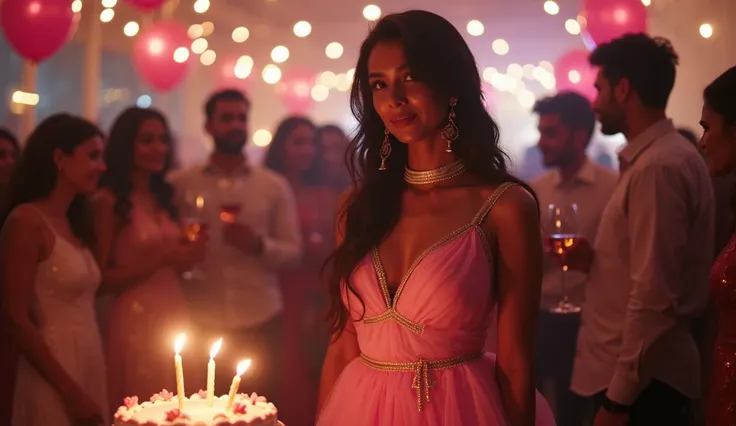 25 year beautiful indian girl, standing in front of cake,  wearing pink long gown with some girls accessories, background birthday party, other peoples standing with wine glass with their hand, cinematic scene, cinematic lighting, ultra-realistic, hyper re...