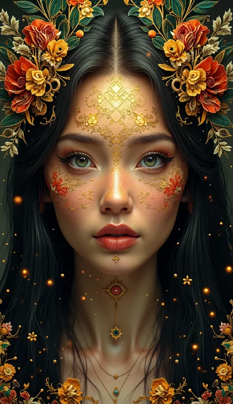  ultra-detailed artistic abstract beautiful native woman with long  hair,  magic with biology luminescent filigree ,  geometric photography ,  Christmas, Gustav Klimt, 32k trendy abstract poster , detailed symmetric iris,  artist Russ Millss natural body p...