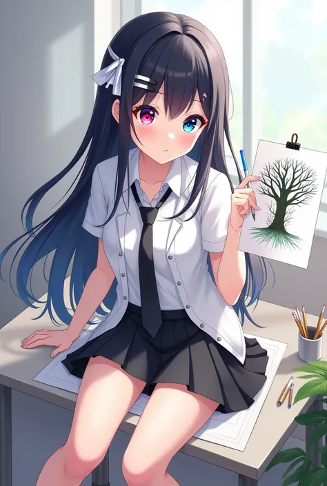 Anime blue and red sparkle eyes long black hair, with white hair clip, wearing unbuttoned white shirt with black tie and white t-shirt underneath and wearing black skirt sitting on the desk and white hair ribbon Holding a pen and paper drawing a picture of...