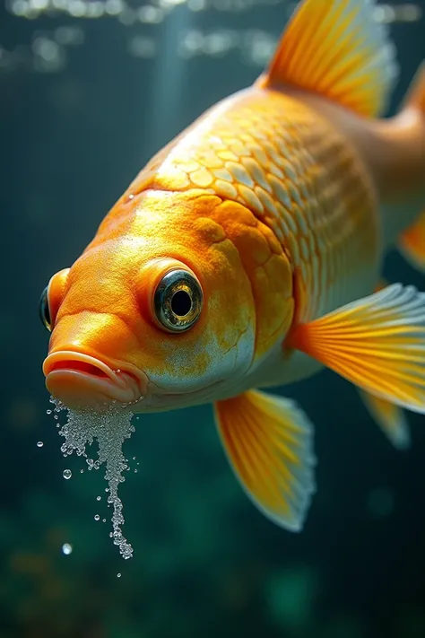 in an aquarium ,  of an arowana fish with scales that are golden medium approaching the surface of the water.  Small foam appears coming out of its mouth .

 paint the picture from a close distance by emphasizing the shape , braid and color .