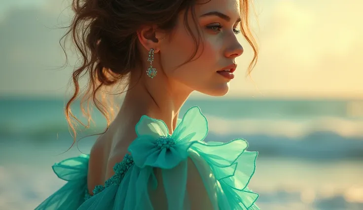 Closeup of gorgeous woman in a turquoise dress, sunny day, Rococo, Hyperdetailed, Delicate; Royo, Bagshaw, Chevrier, Lou Xaz, Ferri, Kaluta, Minguez, Mucha, Simon Dewey, WLOP, Greg Olsen, Artgerm. Cinematic, 8K