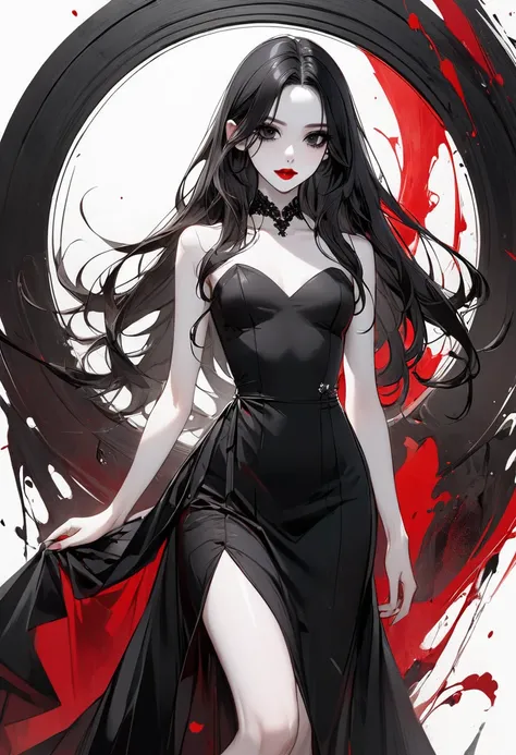  black long hair,  black eyes ,  white skin, red lipstick ,  medium chest , Slim body,  dress