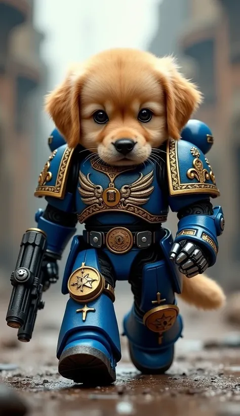 Ultramarine from Warhammer 40000 Style
Main Subject: Chibi anthropomorphic Golden Retriever puppy with massive head, enormous round eyes, wearing ultramarine power armor with sacred imperial iconography, gothic metallic shoulder pauldrons, battle-scarred c...