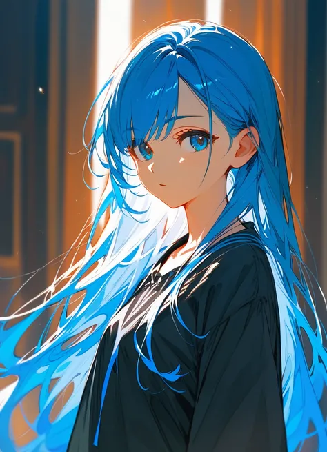  long hair，Girls，Side face ， blue hair ，