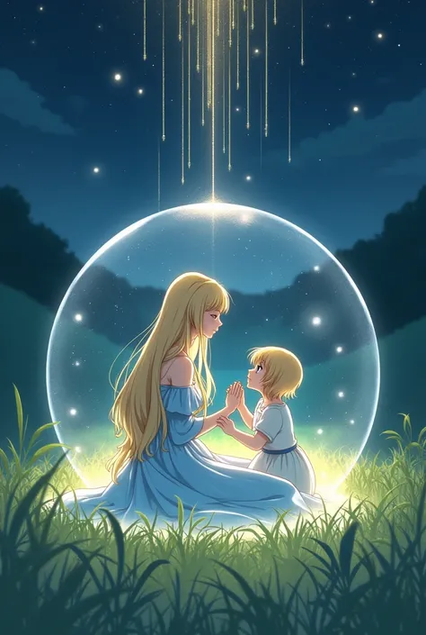 Animé avec Une jeune femme blonde, en robe bleu, assise dans lherbe dans une bulle avec des rayons dargent qui partent au niveau du dessous delle vers la terre tels des racines. Dans la bulle en face delle une petite fille blonde qui lui touche le main. Au...